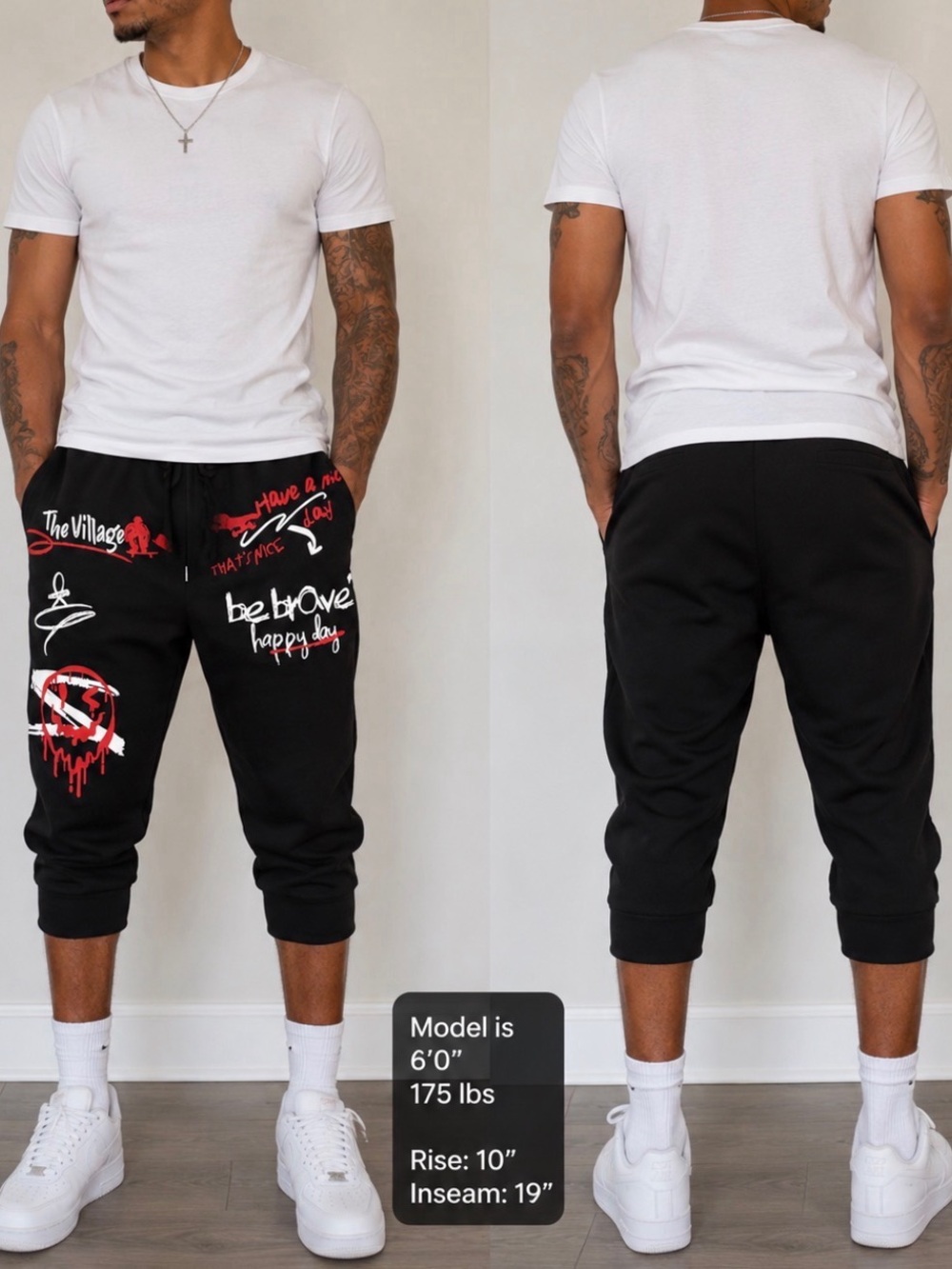 Mens Black Graphic Cropped Jogger shorts - Picture 2 of 10